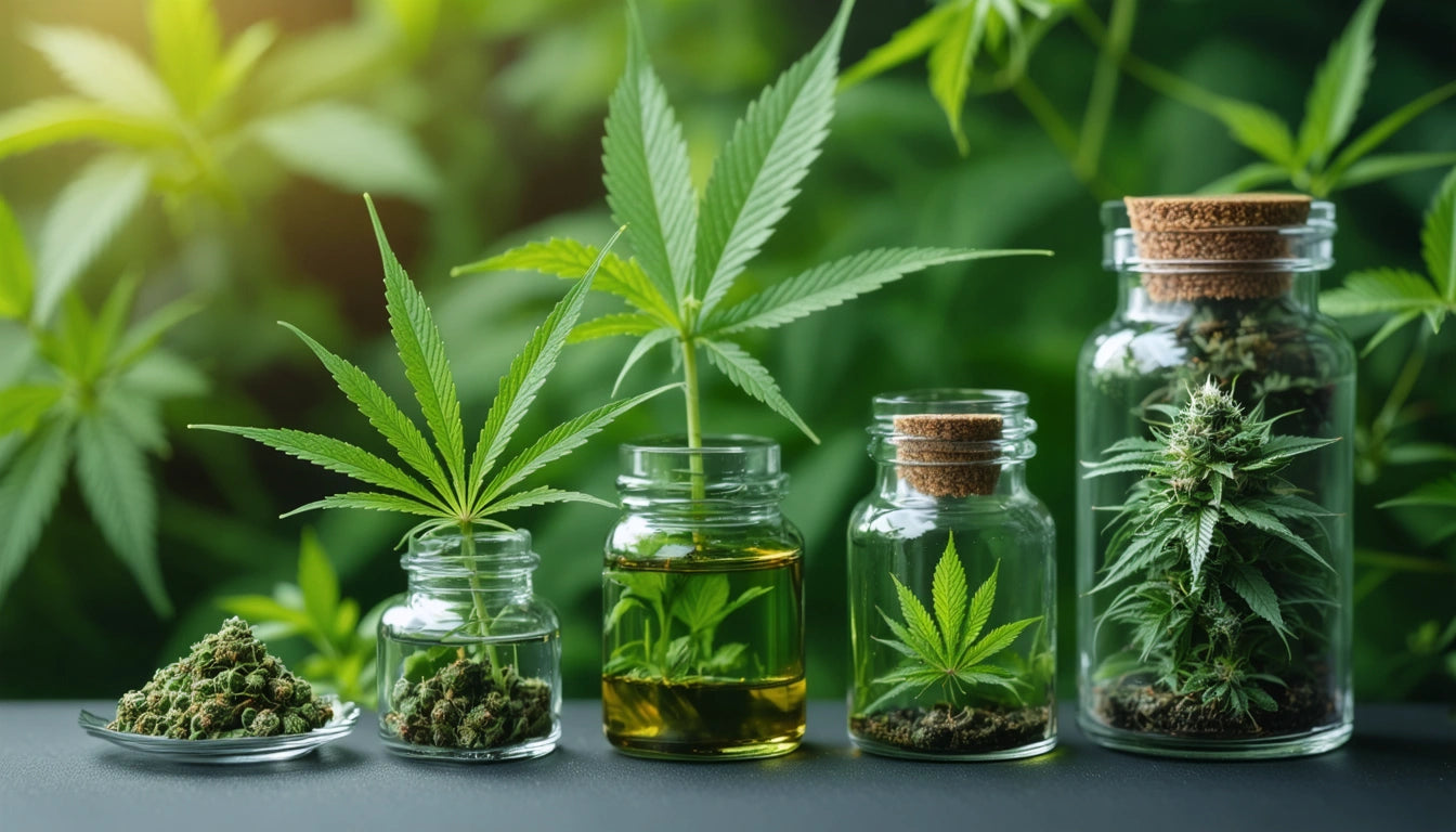 Five glass jars with cannabis leaves and buds, varying sizes, on a surface with green foliage in the background