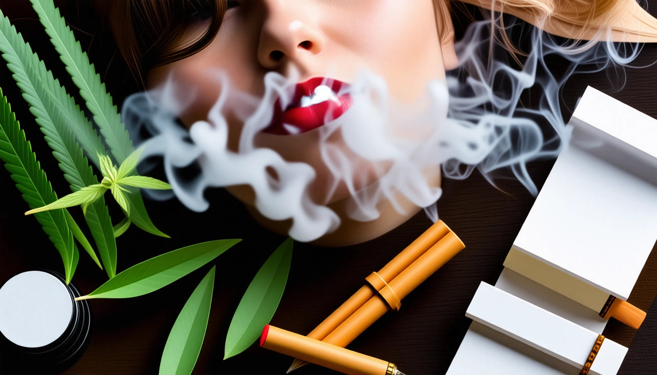 Face with red lips surrounded by smoke, green leaves, two brown tubes, and white boxes on a dark surface