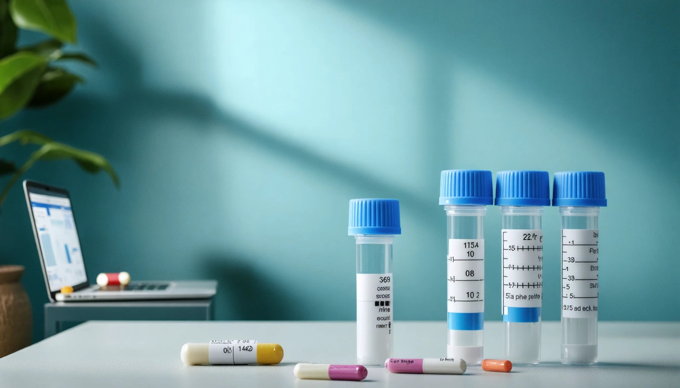 Four labeled test tubes with blue caps and six assorted pills on a white surface, laptop in the background, teal wall