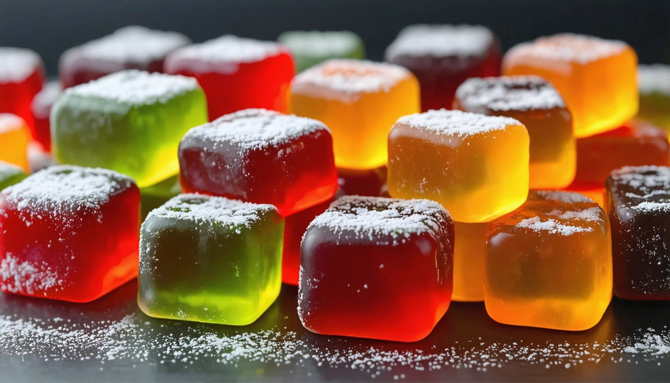 Colorful gummy candies dusted with white powder, stacked in rows on a reflective surface