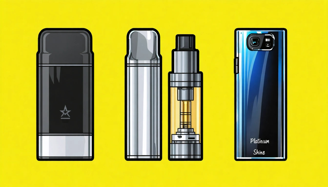 Four vape devices in a row on a yellow background; black, silver, transparent with coil, and blue with text