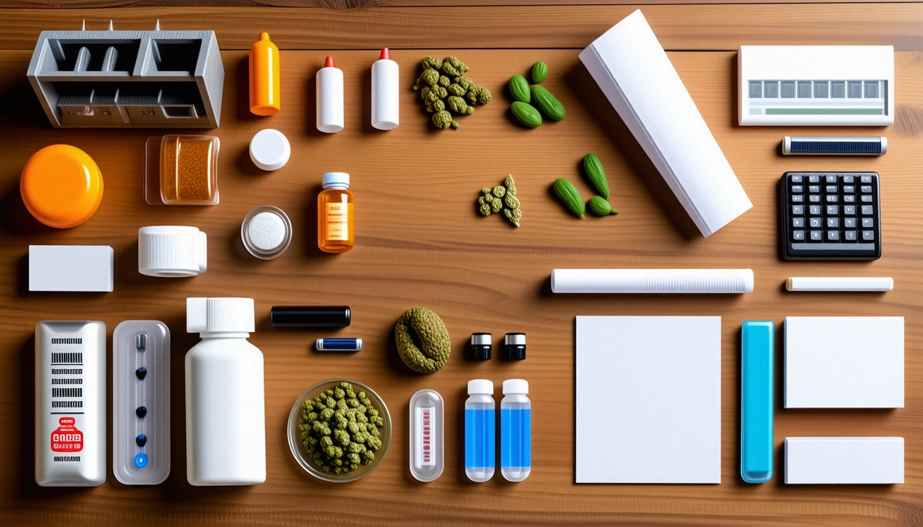 Various bottles, containers, and pills arranged on a wooden table, alongside a calculator, paper sheets, and a small box