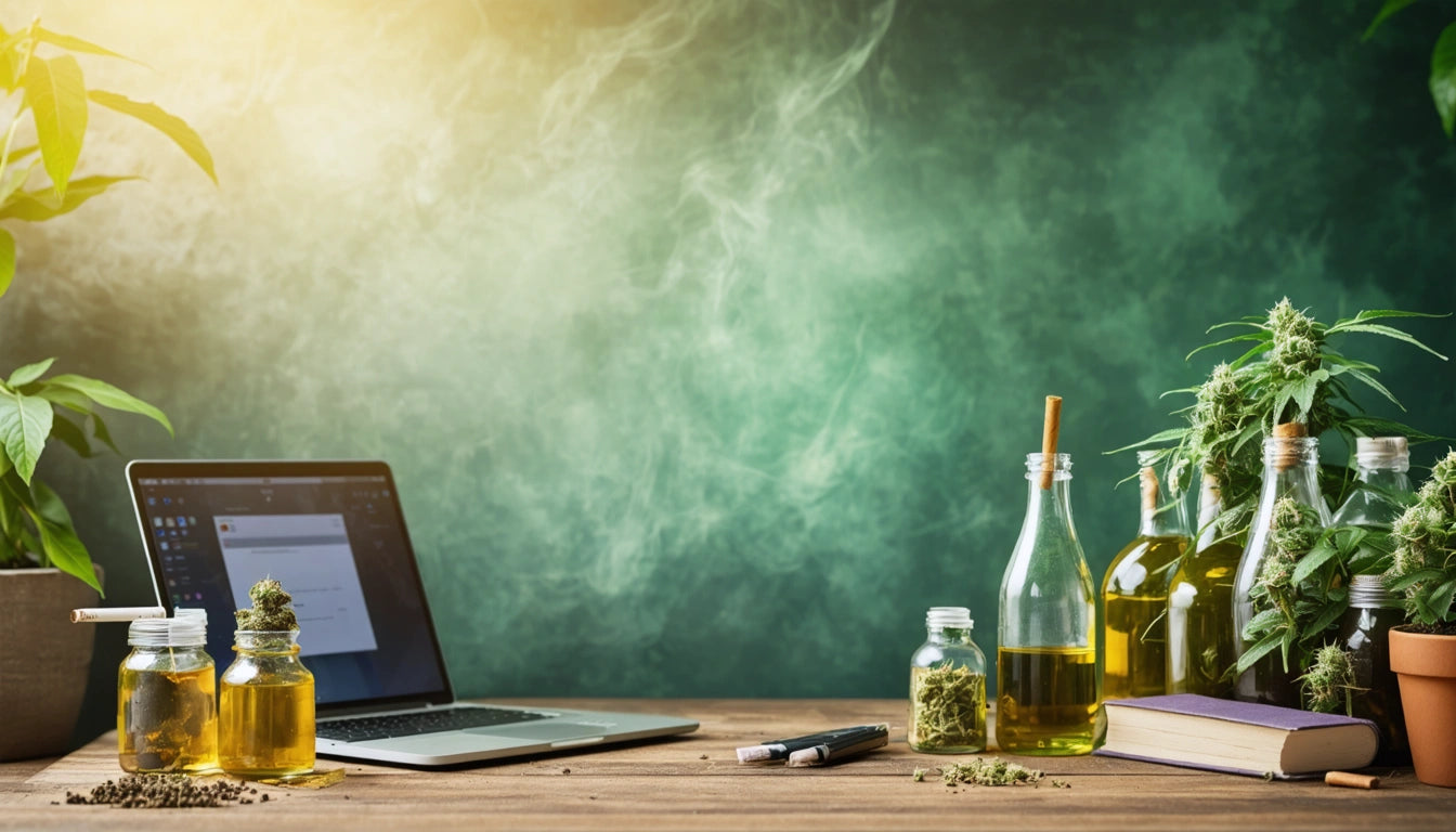 Laptop on wooden table, surrounded by glass bottles with liquid, small jars, a plant, and a leafy branch against a smoky backdrop