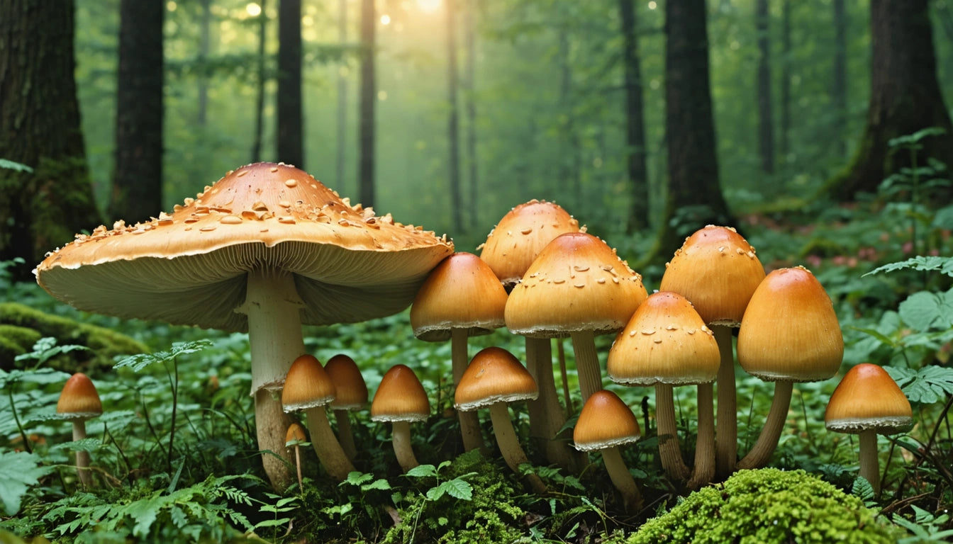 Cluster of orange mushrooms with speckled caps in a forest, sunlight filtering through trees in the background