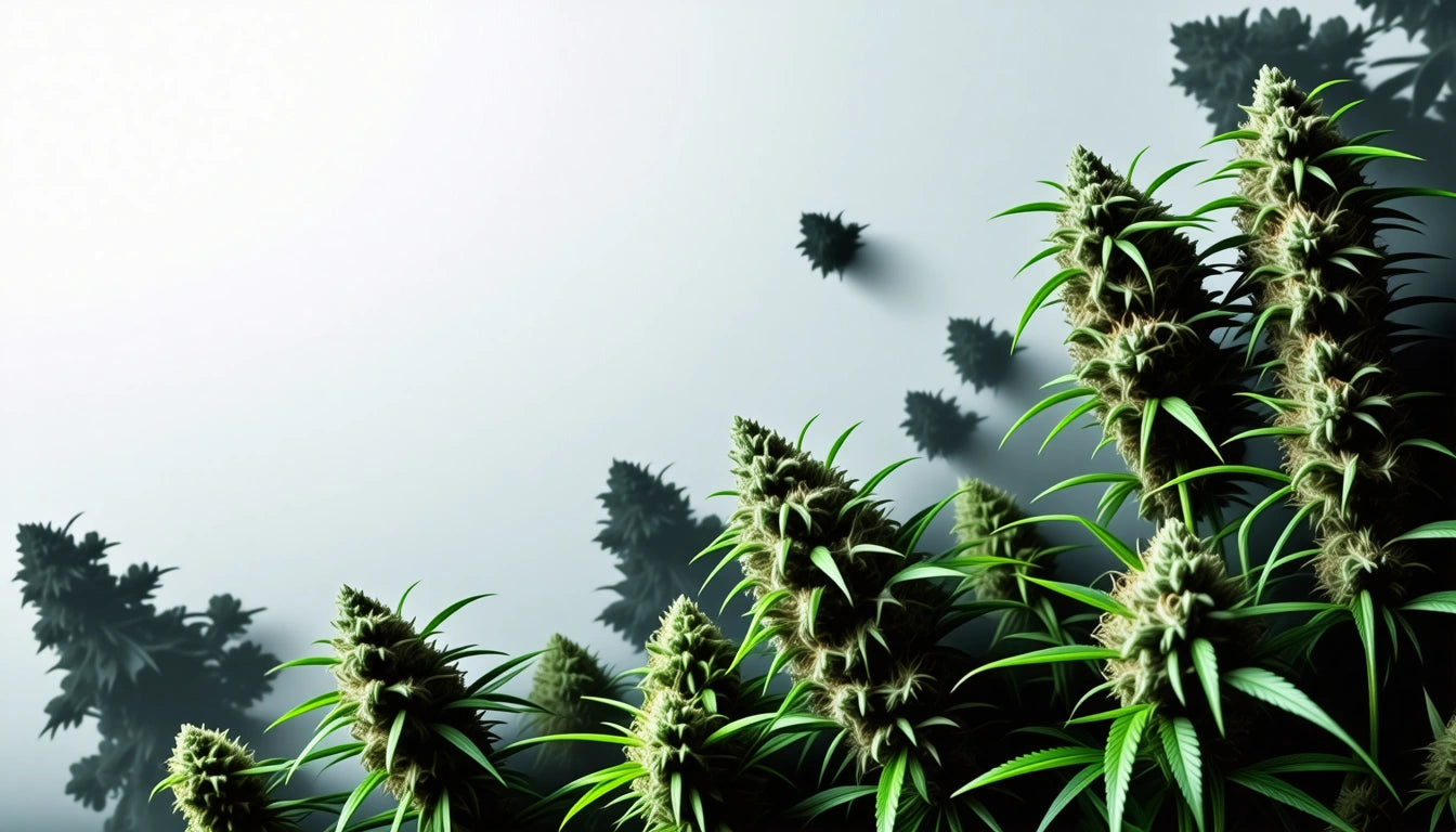 Green plants with spiky leaves and dense clusters, casting shadows on a light gray background
