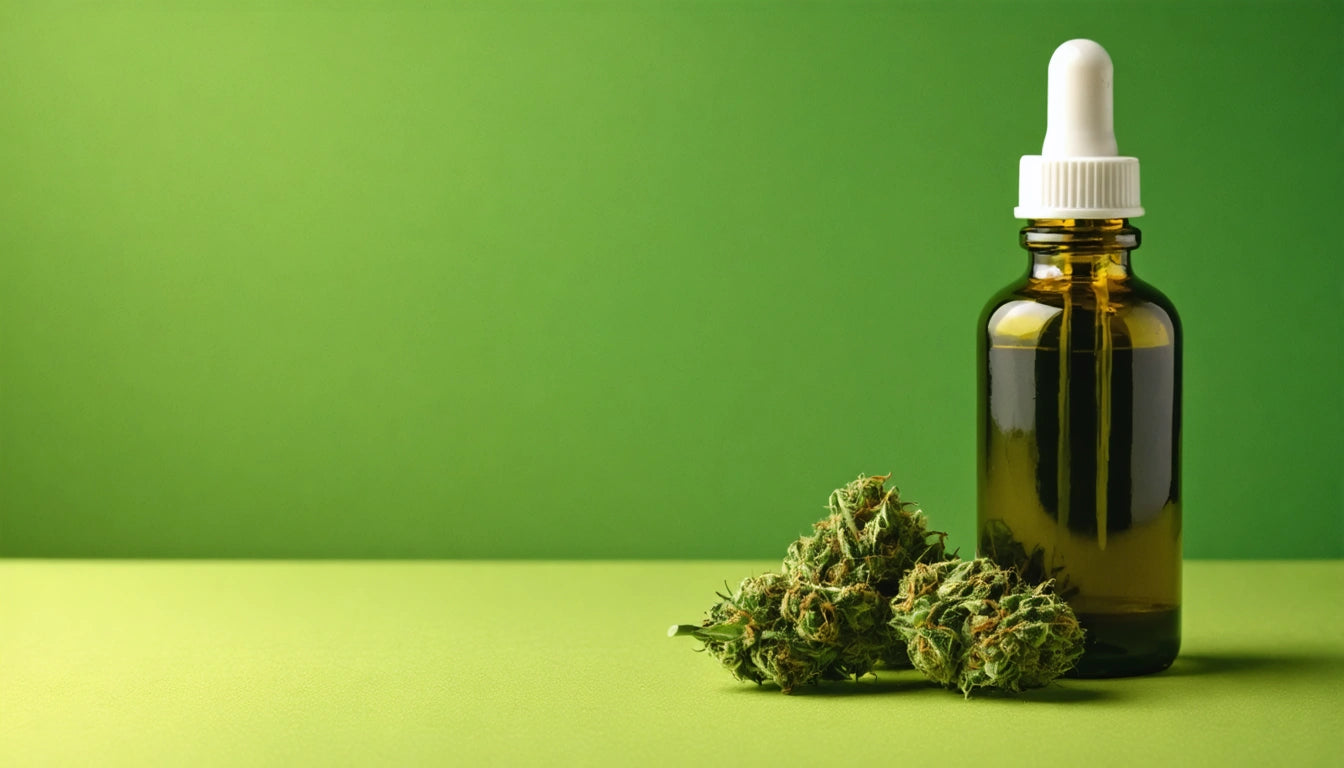 Brown glass dropper bottle beside small green plant buds on a light green surface with a darker green background