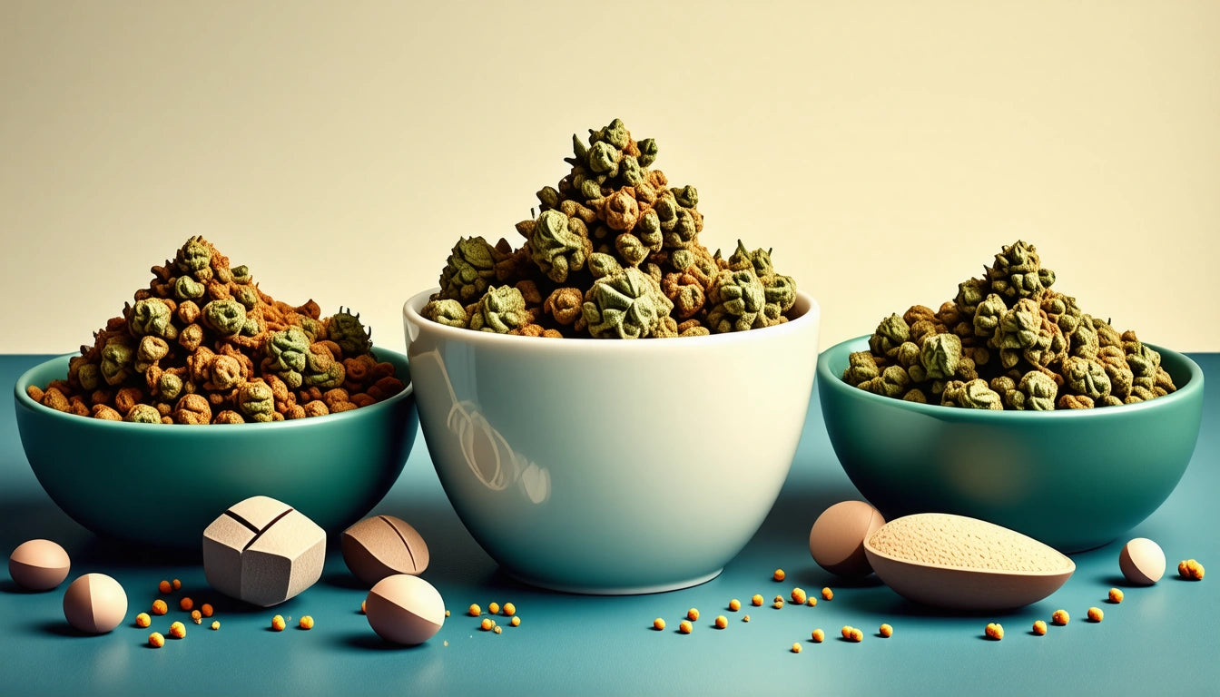 Three bowls filled with green and brown textured clusters, surrounded by scattered seeds and geometric shapes on a blue surface