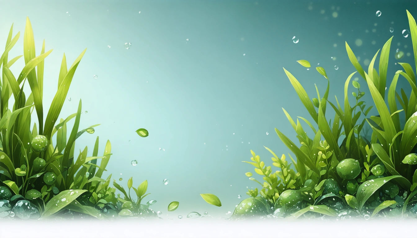 Green grass and leaves with water droplets on both sides against a gradient blue-green background