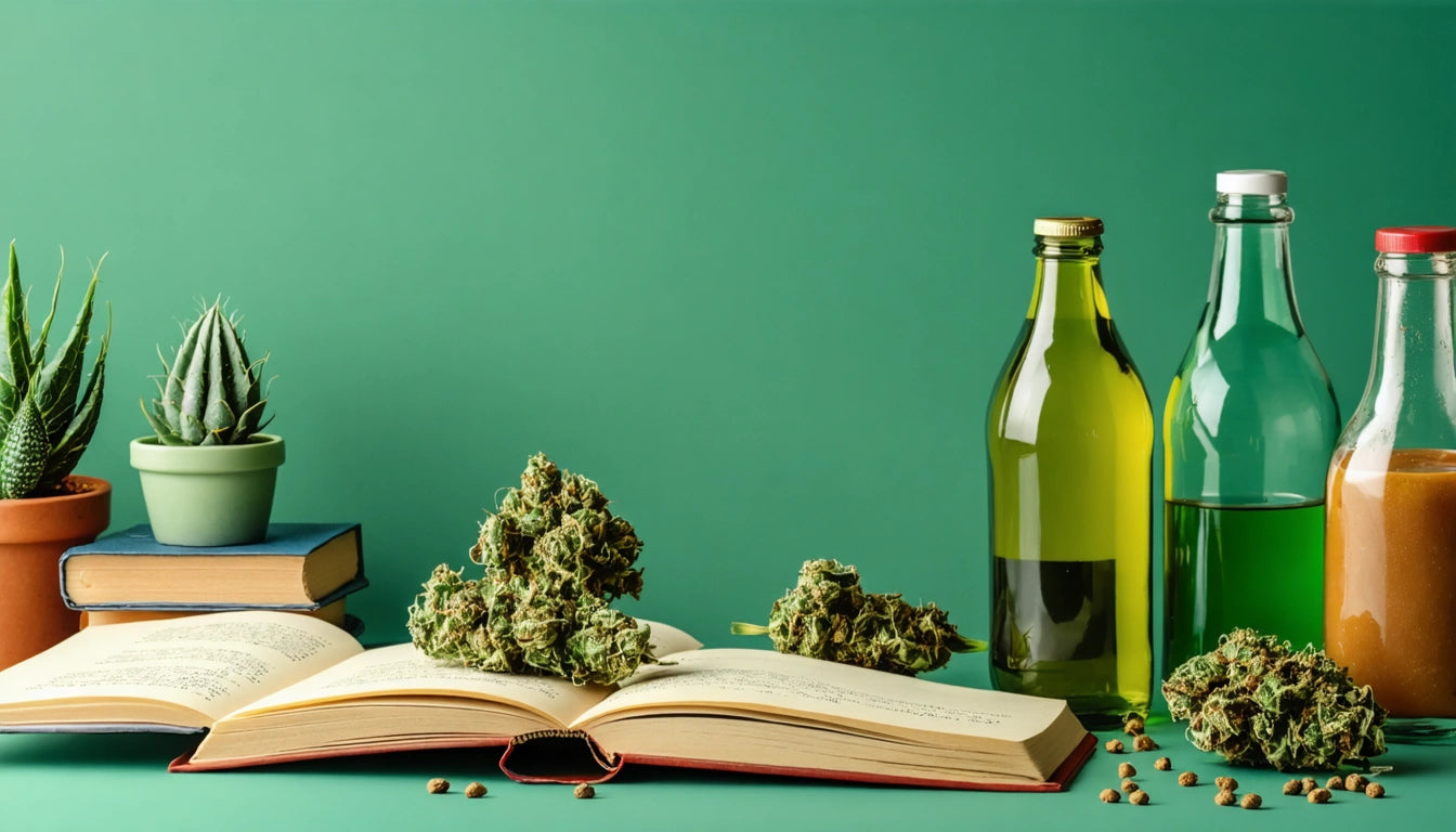Open book with cannabis buds, two small potted cacti, green and clear bottles, and a jar against a green background