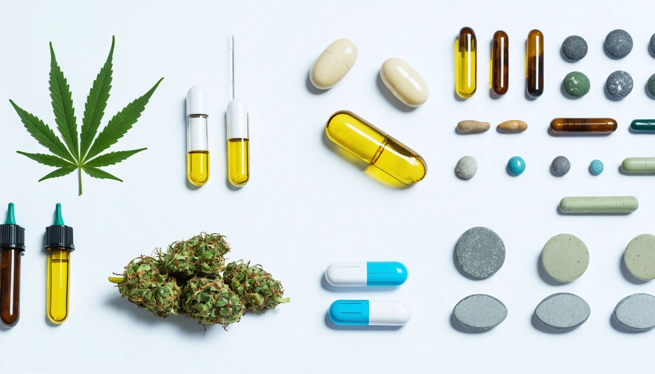 Assorted pills, capsules, and vials arranged on a white surface with a cannabis leaf and buds