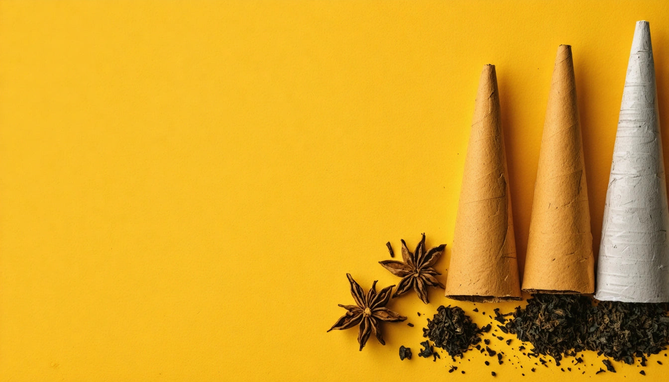 Three paper cones, two brown and one white, with scattered tea leaves and star anise on a bright yellow background