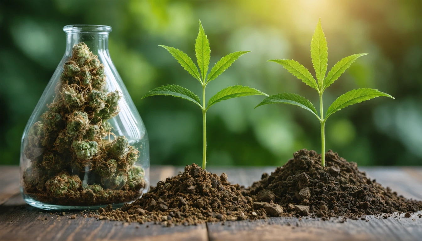 Glass jar filled with green buds next to two small plants growing from soil piles on wooden surface, blurred greenery background