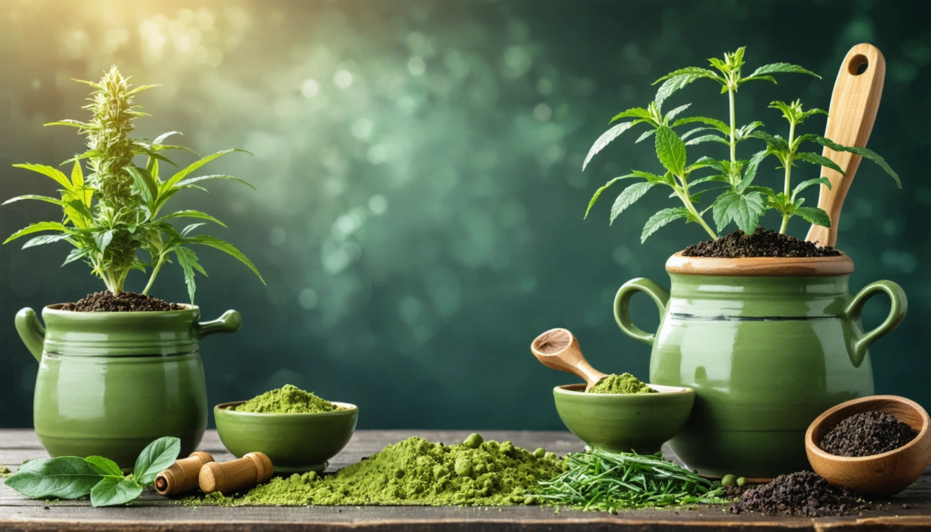 Two green pots with plants, surrounded by bowls of green powder, wooden scoop, and fresh herbs on a wooden surface
