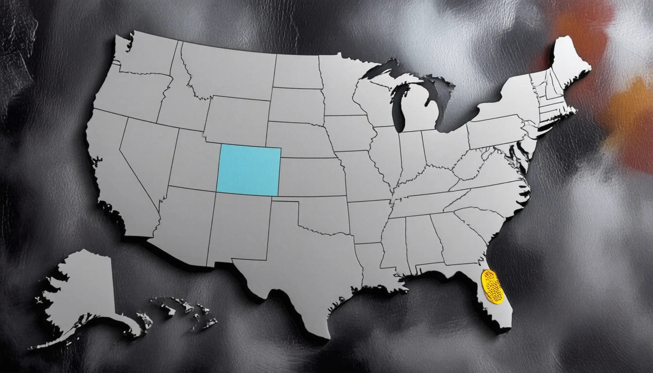 Gray map of the United States with a blue state in the center and a yellow highlighted area in the southeast