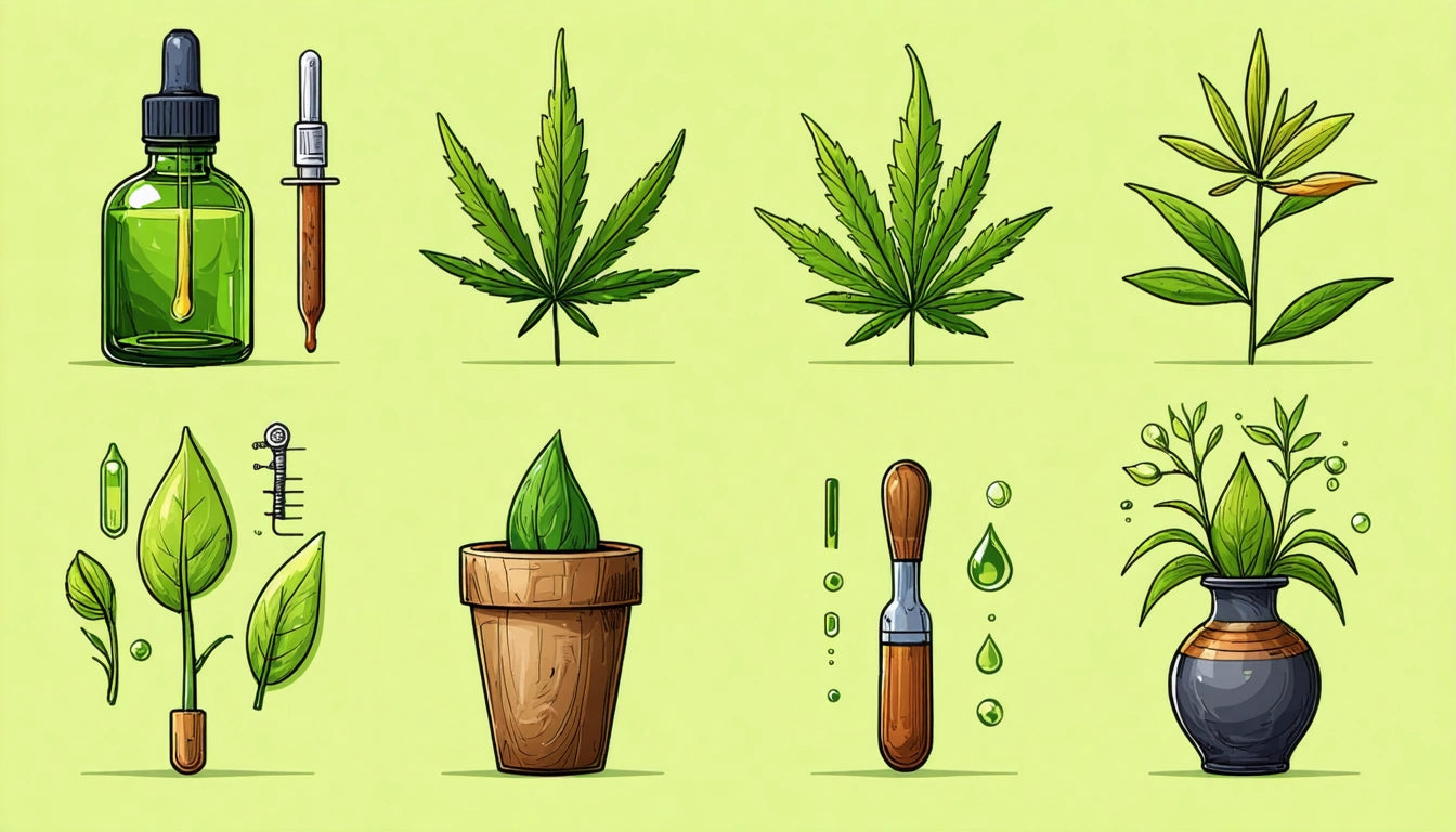 Green dropper bottle, cannabis leaves, potted plant, thermometer, dropper with liquid, and leafy plant in a vase on light green background