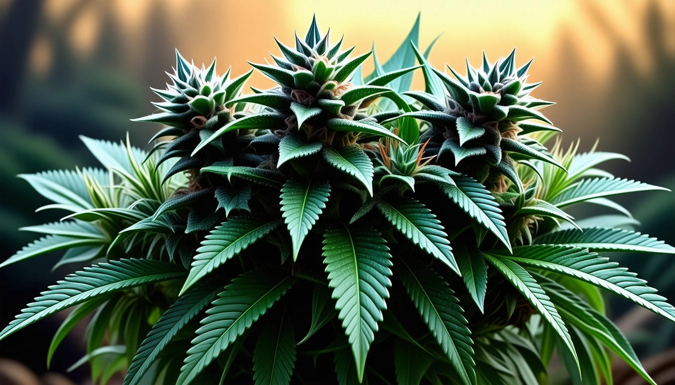 Dense cluster of green leaves and spiky buds with a soft, blurred background in warm tones