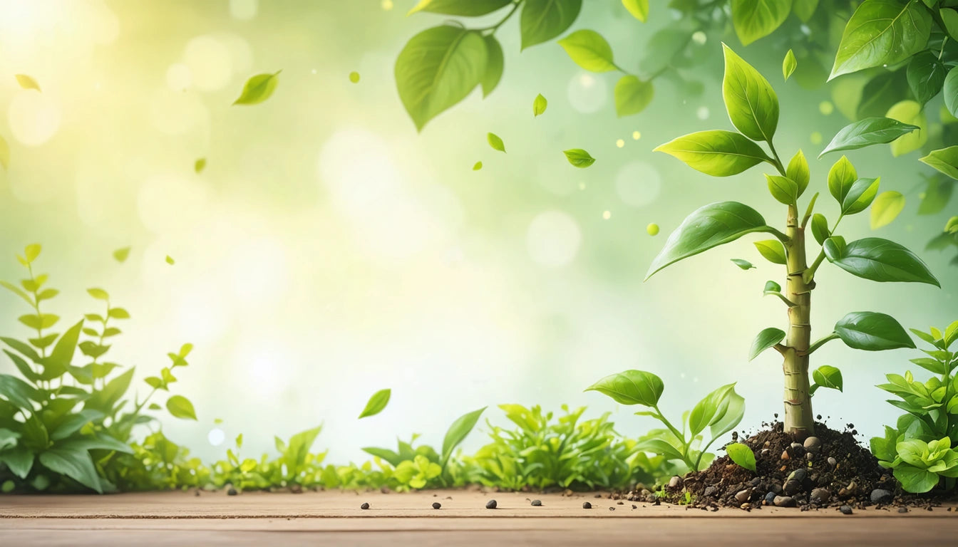 Young plant with green leaves growing in soil on wooden surface, surrounded by foliage, with soft sunlight and blurred background