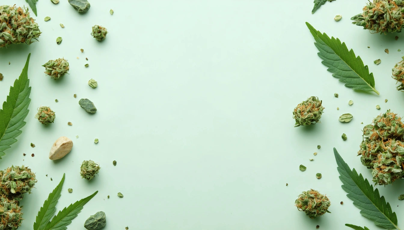 Green leaves and small clusters of buds scattered on a light green background, creating a border effect