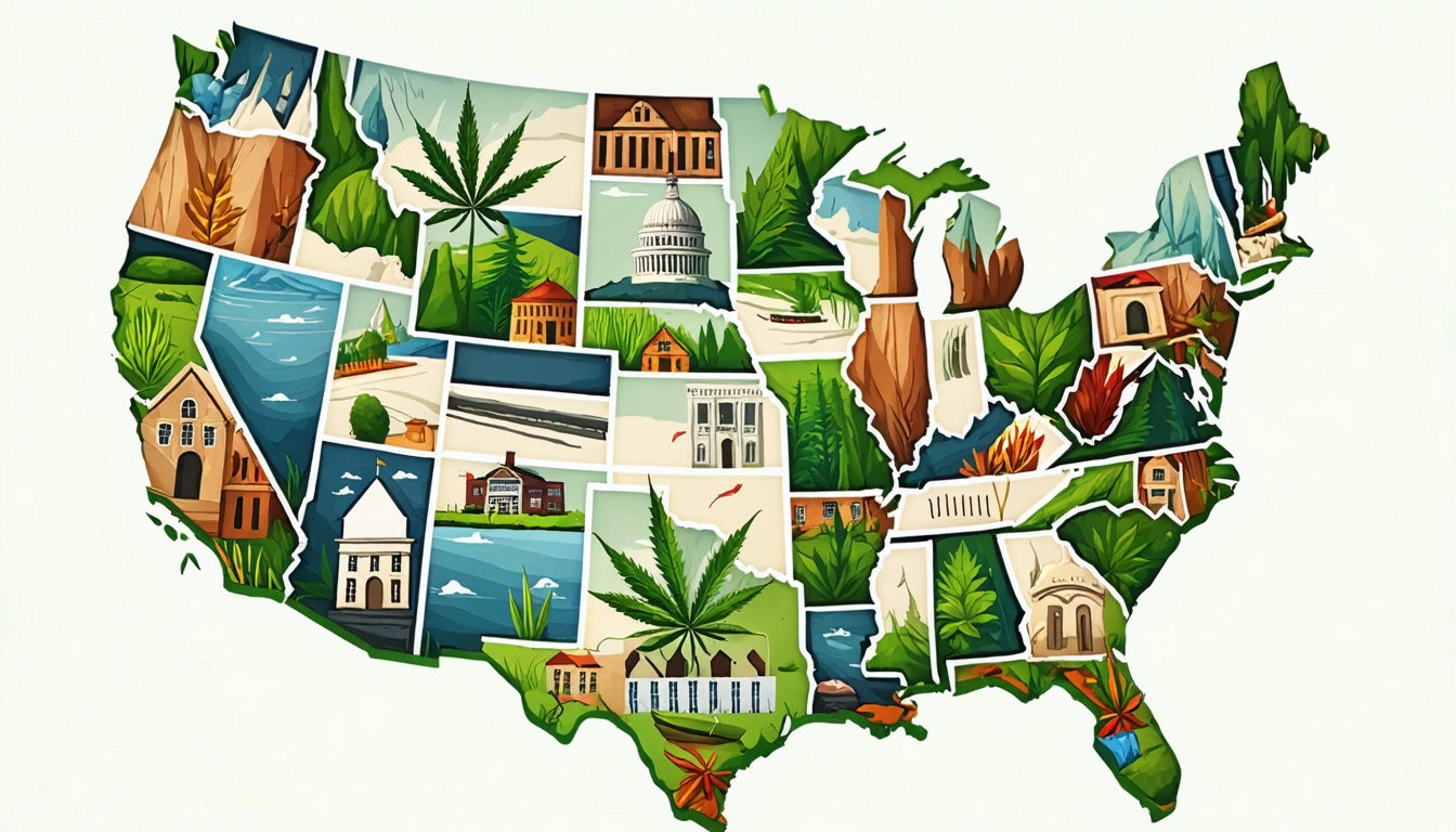 Map of the United States with illustrations of landmarks, buildings, and large green leaves in various states