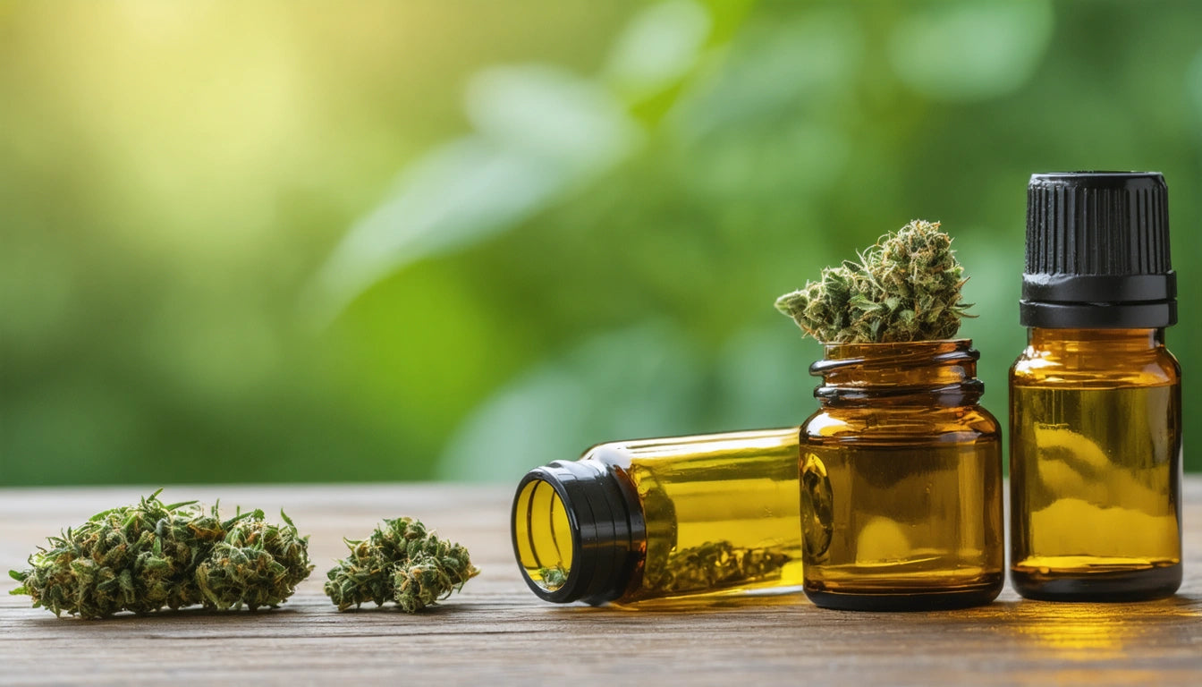 Amber glass bottles with black caps, one open, containing green plant buds, on wooden surface with blurred green background