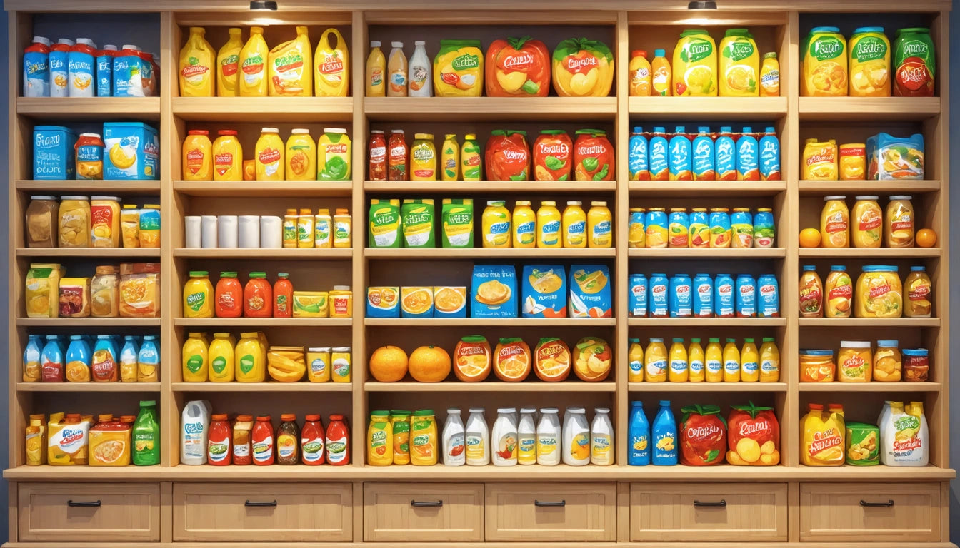 Shelves filled with various colorful packaged food products, including bottles, boxes, and jars, under bright lighting