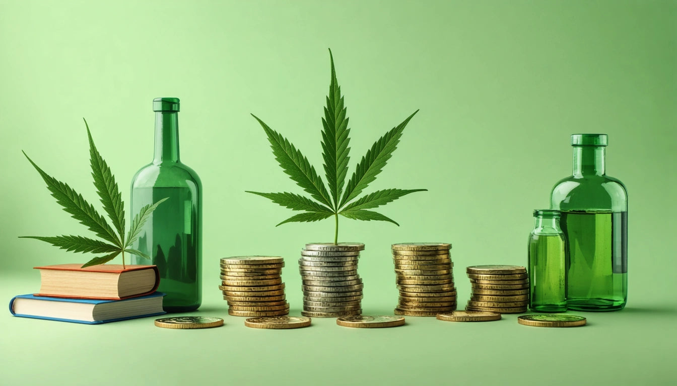 Green cannabis leaf on stacked coins, flanked by green bottles and books, set against a light green background