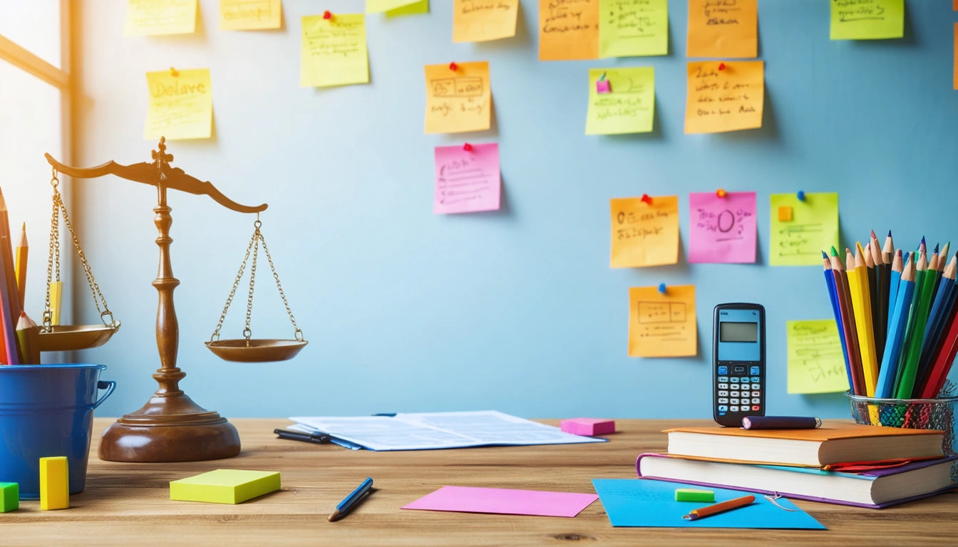 Scales, papers, and calculator on desk with colorful sticky notes on wall; pencils in holder; bright natural light