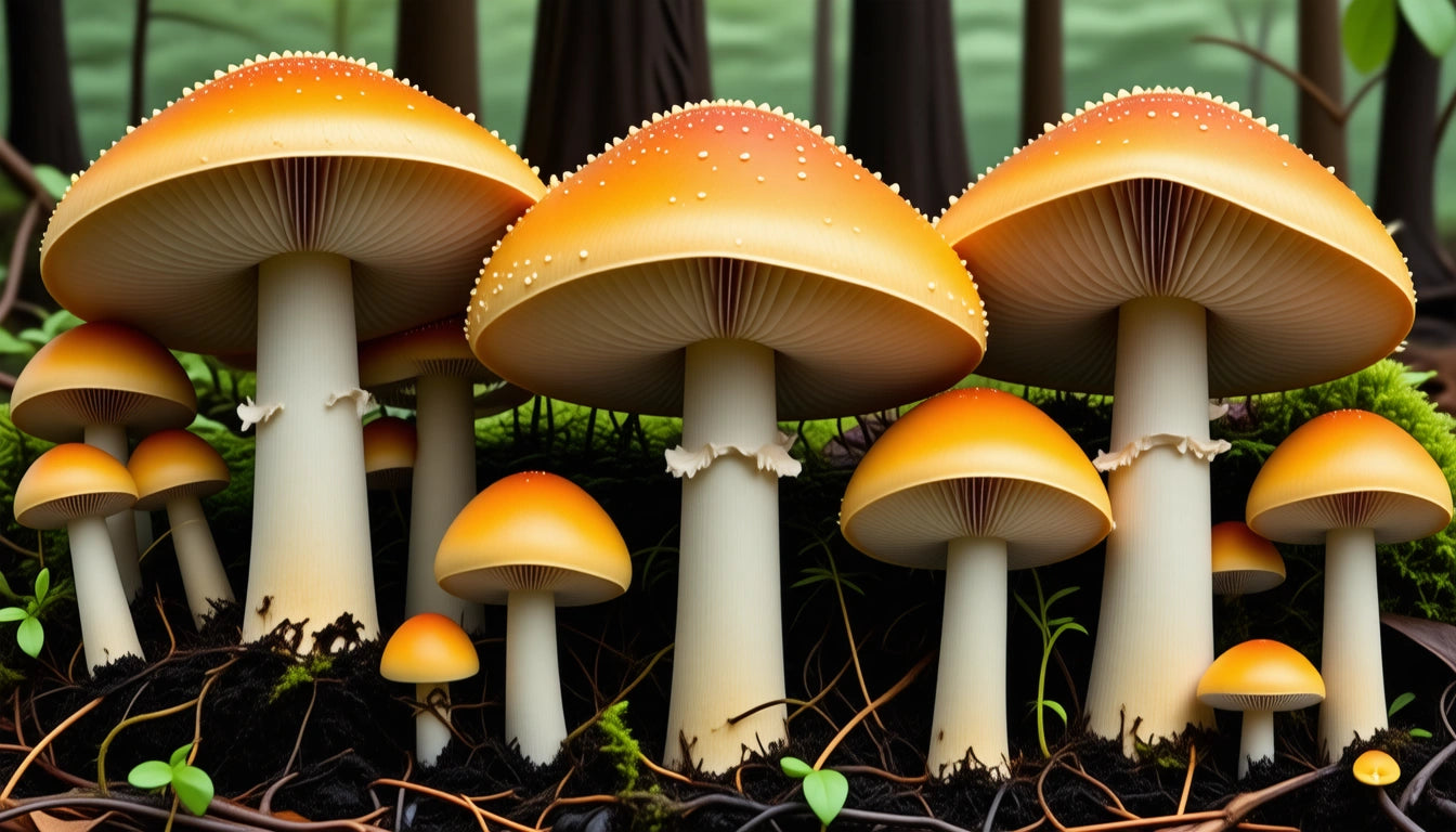 Cluster of orange-capped mushrooms with white stems, surrounded by small green plants and brown twigs on a forest floor