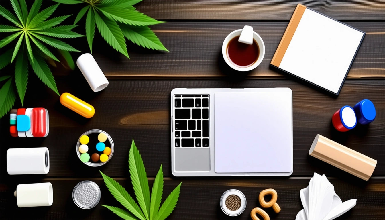 Laptop on dark wooden table, surrounded by coffee, notepad, pills, tissues, and large green leaves