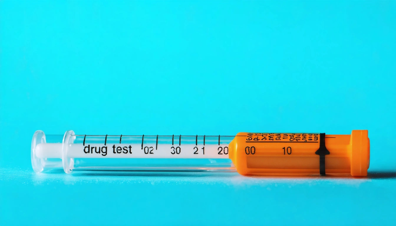 Clear syringe with orange cap, labeled "drug test," on bright blue background