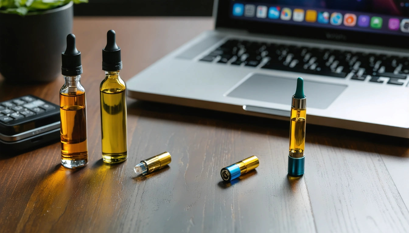 Bottles with droppers and vape cartridges on wooden table next to open laptop displaying colorful icons
