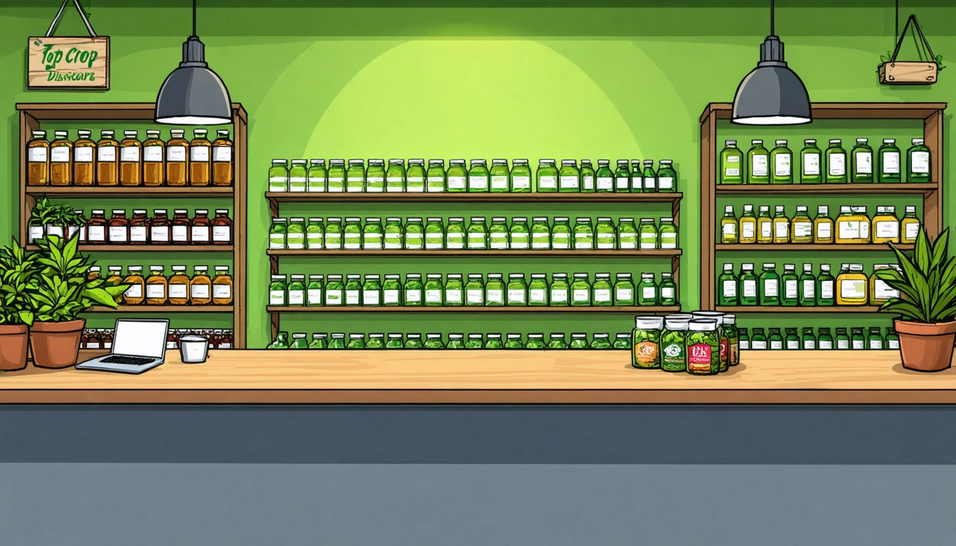 Wooden counter with jars, two shelves filled with jars against a green wall, two hanging lamps, and potted plants on the sides
