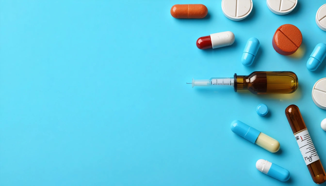 Various pills and a syringe on a blue background, including capsules, tablets, and a brown vial