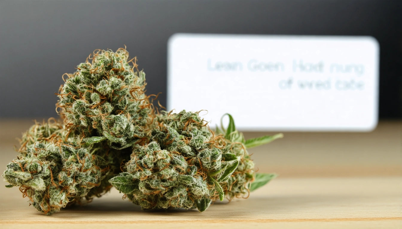 Three dense, green and orange buds on a wooden surface with a blurred white label in the background