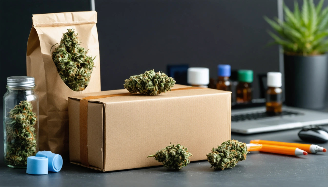 Brown paper bag and box with cannabis buds, glass jar, laptop, and potted plant on a desk