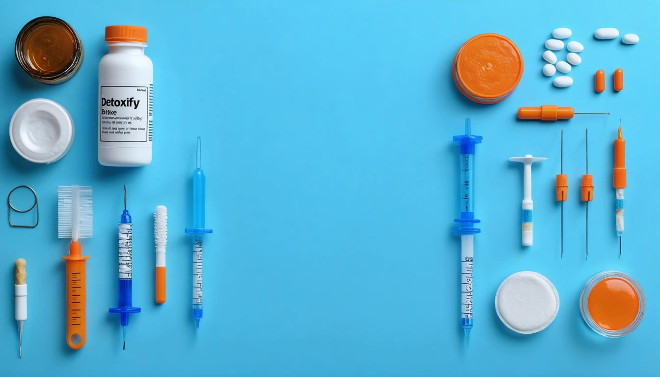 Syringes, pill bottles, and capsules arranged on a blue background