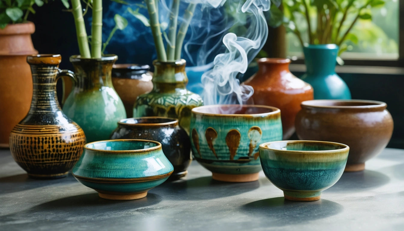 Ceramic bowls and vases with steam rising, surrounded by green plants on a table