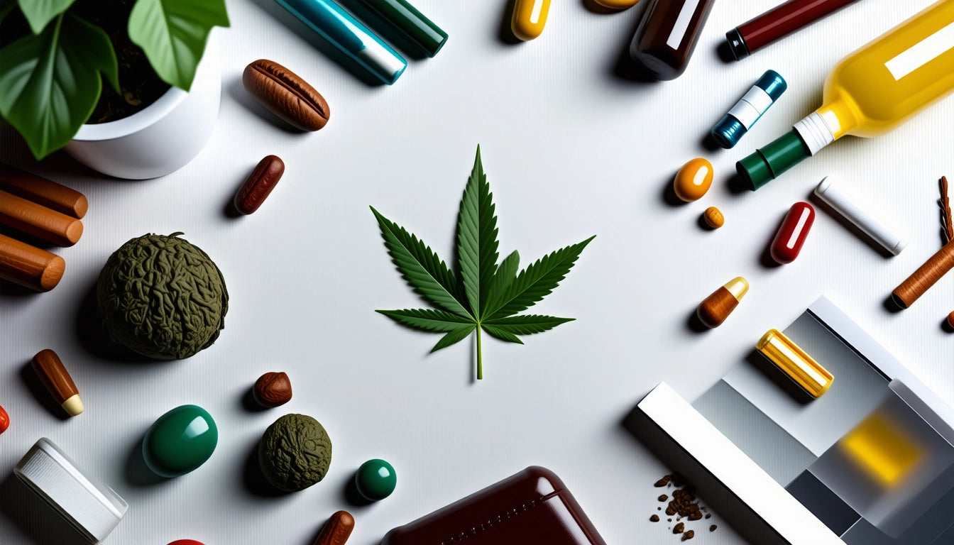Green cannabis leaf centered on white surface, surrounded by assorted pills, capsules, bottles, and a potted plant