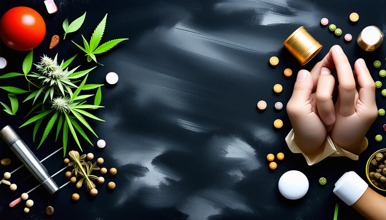 Hands holding pill bottle, spilling pills on dark surface; cannabis leaves, seeds, and various pills scattered around