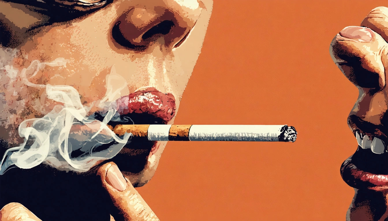 Close-up of a person with red lips holding a lit cigarette, smoke rising, against an orange background