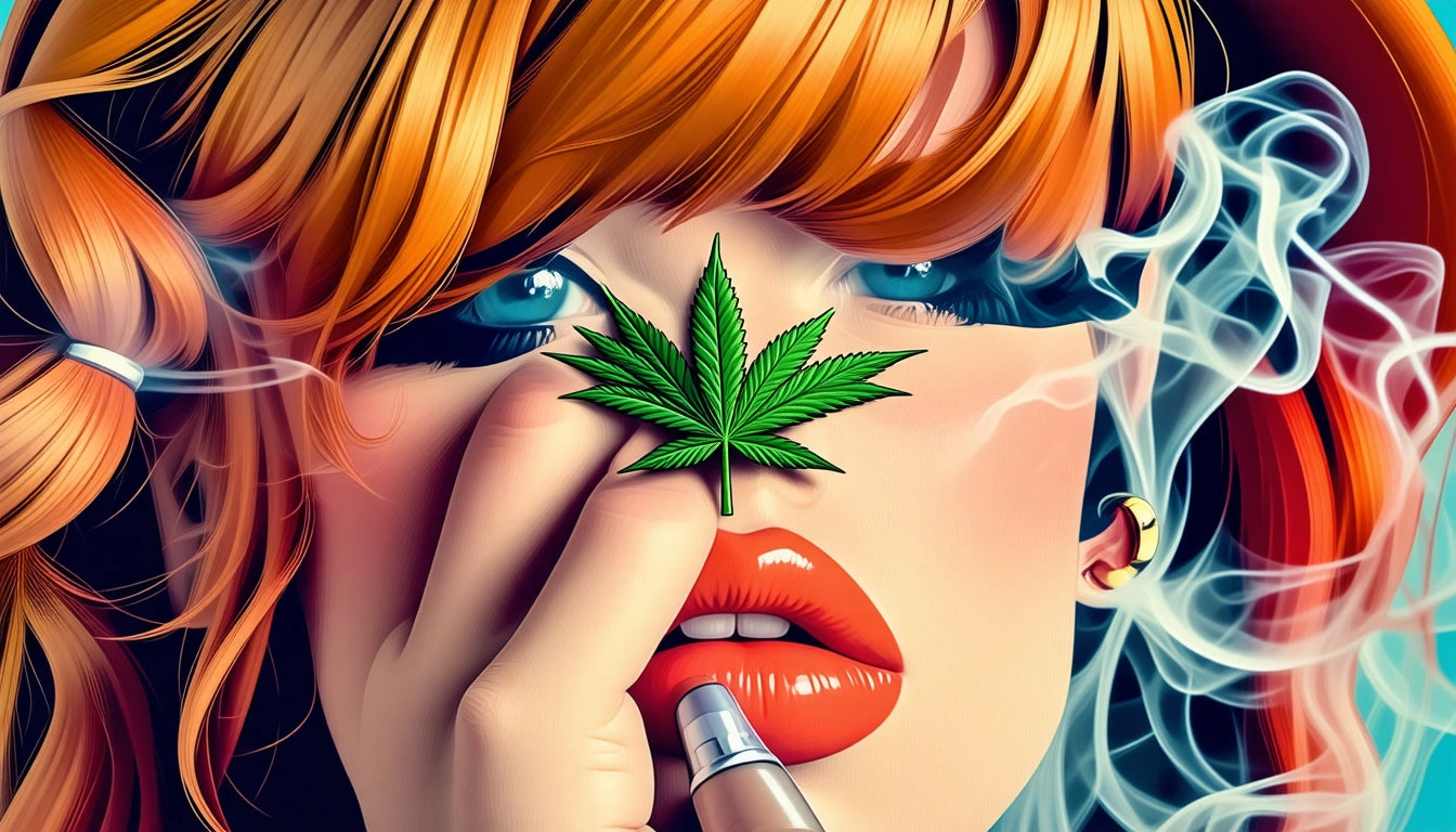 Red-haired person with blue eyes applying lipstick, a green leaf on their face, surrounded by swirling smoke