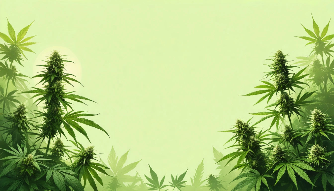 Dense green cannabis plants with pointed leaves and buds frame the sides against a light green background