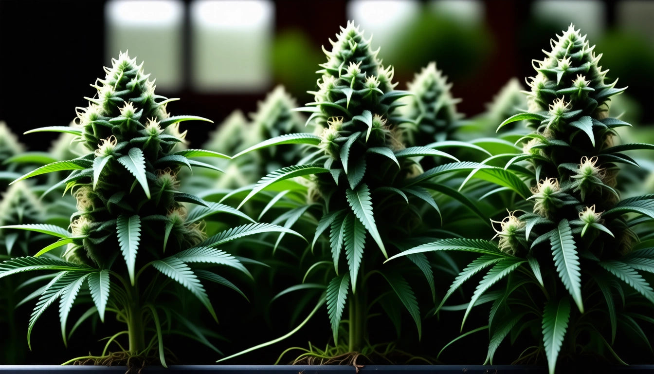 Dense green plants with spiky leaves and clusters of buds, set against a blurred background with rectangular windows