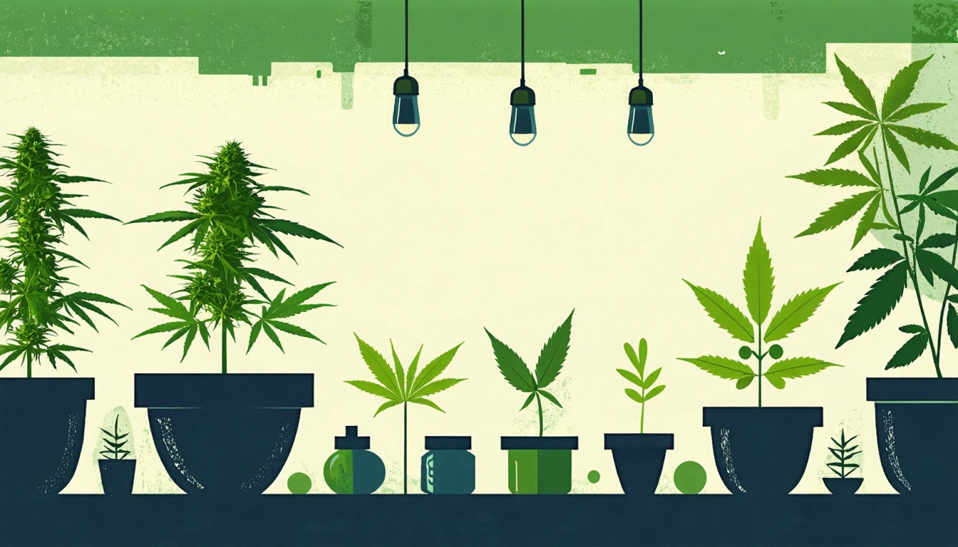 Potted plants with various leaf shapes on a shelf, three hanging light bulbs above, green and cream background