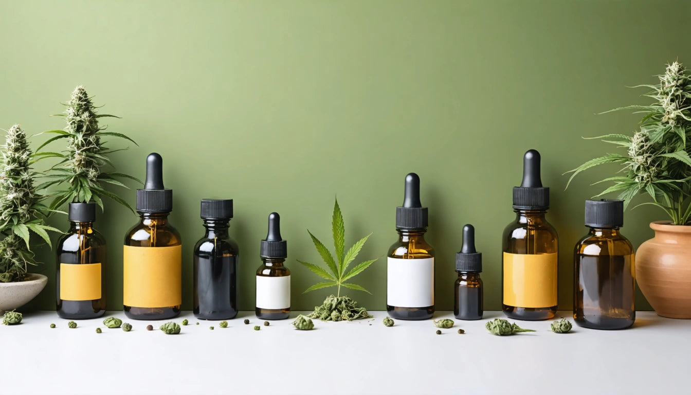 Brown and black dropper bottles with blank labels, surrounded by cannabis plants and leaves on a white surface against a green wall
