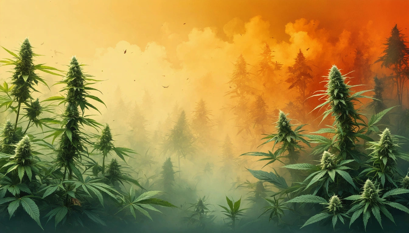 Tall green plants with pointed leaves in foreground, dense orange and yellow mist with tree silhouettes in background