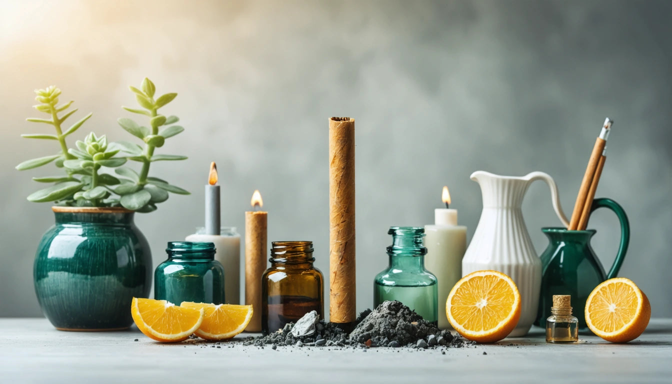 Green and brown bottles, candles, sliced oranges, and a potted plant on a table with a gray background
