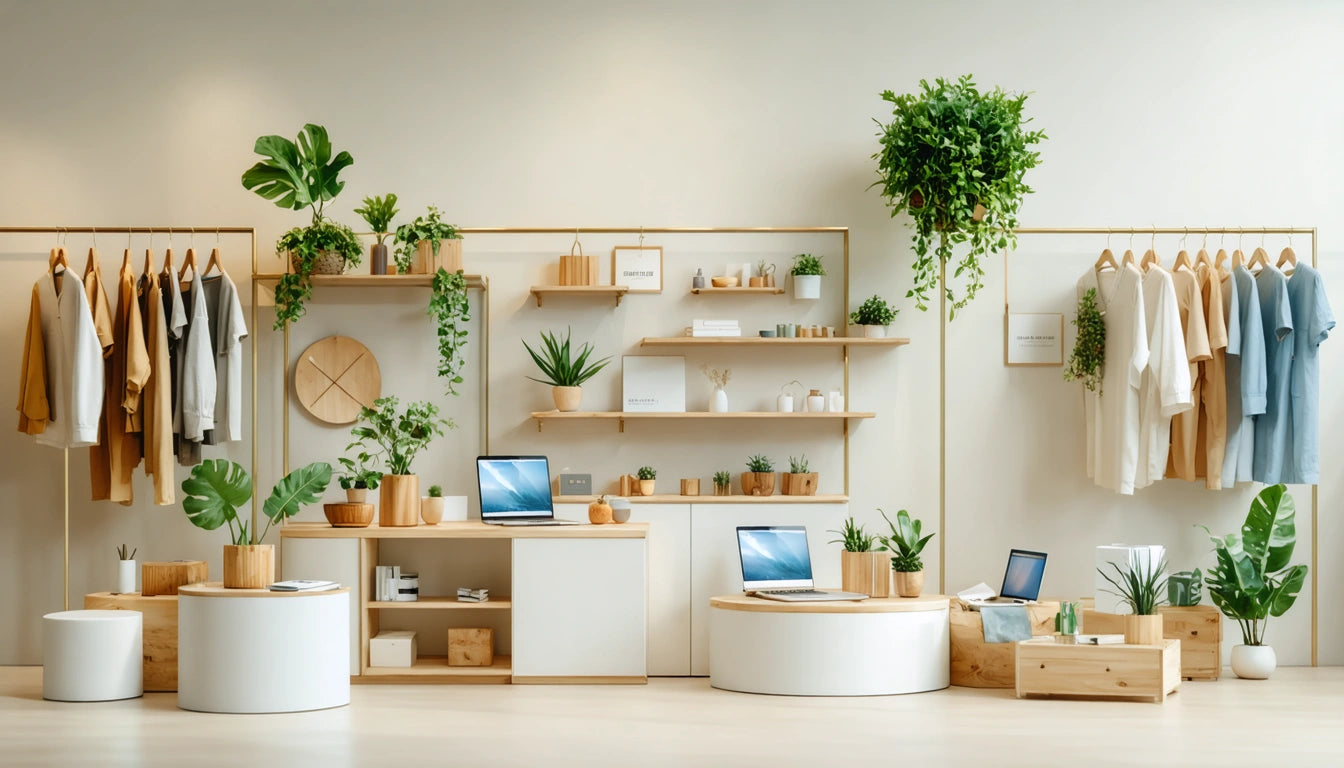 Clothing and plants displayed on wooden shelves and racks, laptops on white tables, hanging greenery, bright lighting