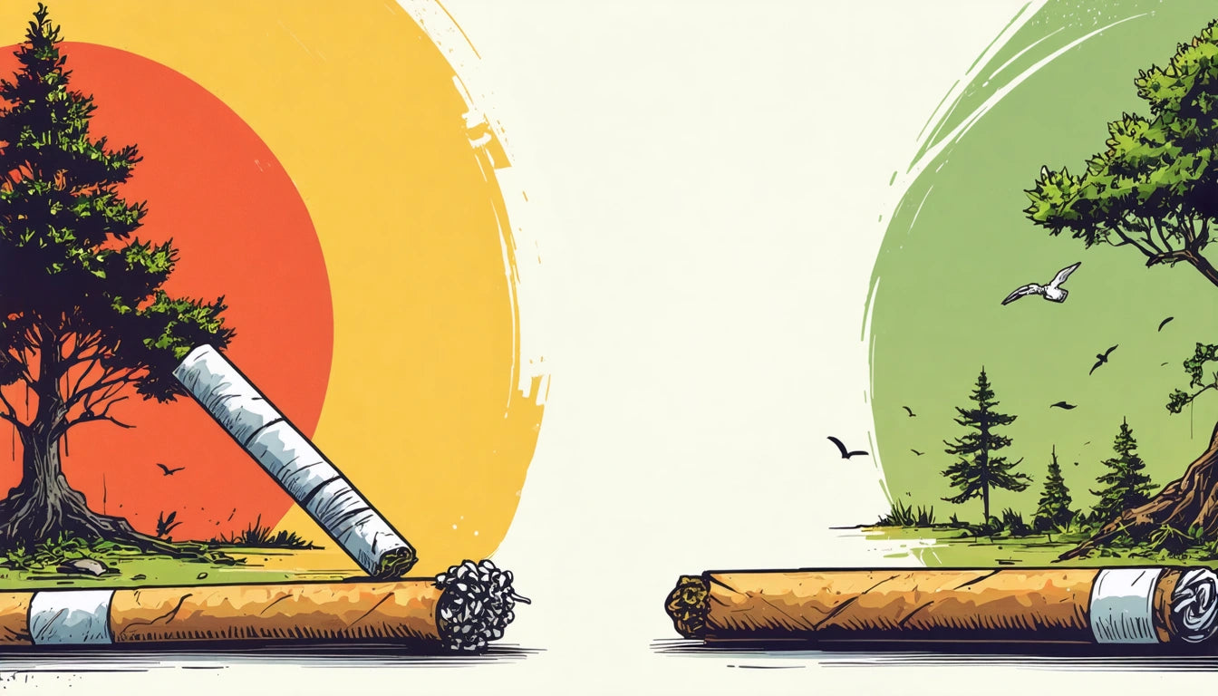 Two cigarettes, one lit with a tree and orange-yellow background, the other unlit with a tree and green background with birds
