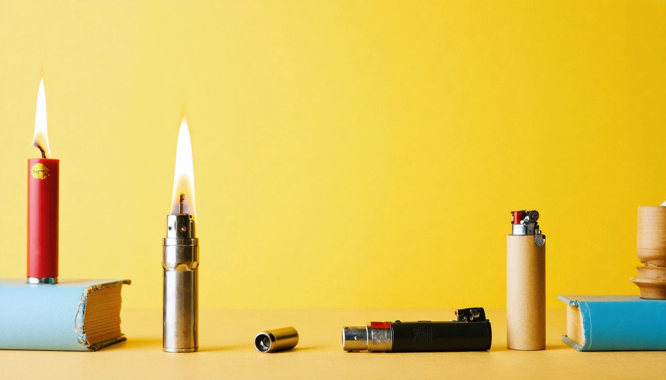 Red, silver, and beige lighters on a yellow surface, one lit. Blue and beige books in the background against a yellow wall